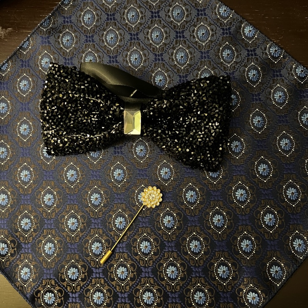 Luxury Blue and Black Pocket Square with Bow Tie